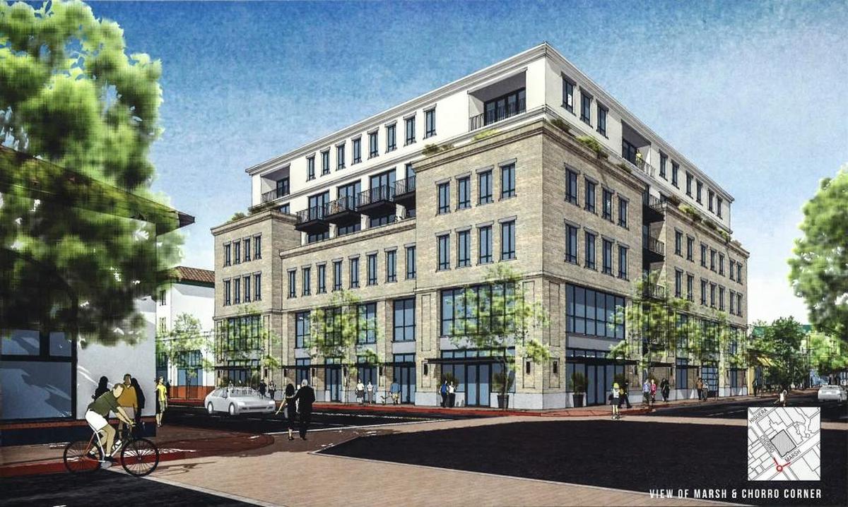 A rendering of the proposed 1144 Chorro St. project shows how the building would look from the corner of Marsh and Chorro streets