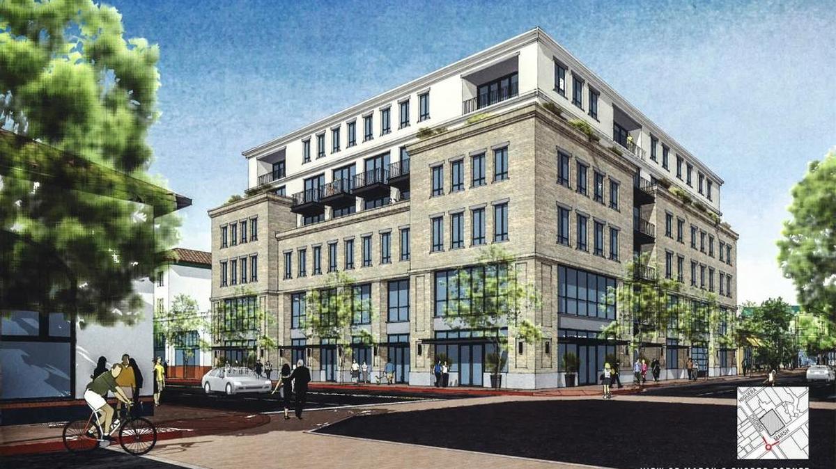 A rendering of the proposed 1144 Chorro St. project shows how the building would look from the corner of Marsh and Chorro streets