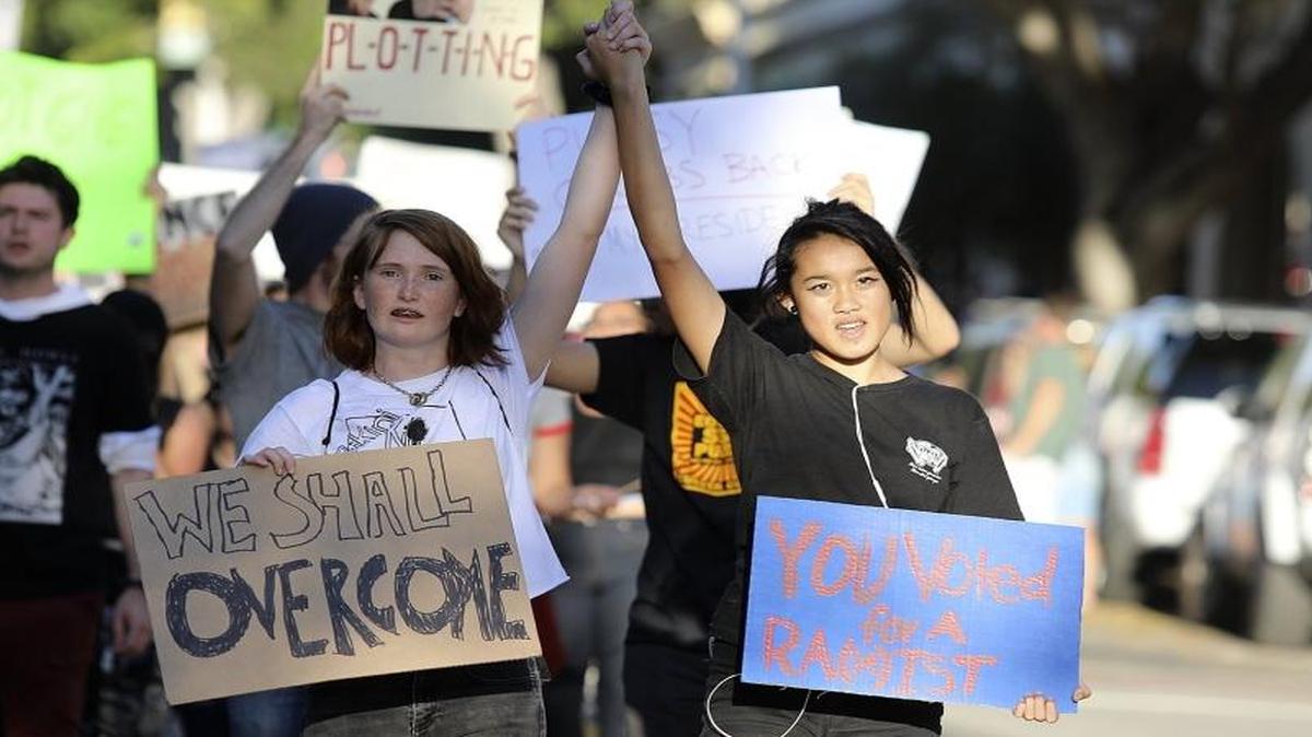 Hundreds of people marched in protest of Donald Trump’s election to the presidency in downtown San Luis Obispo in November.