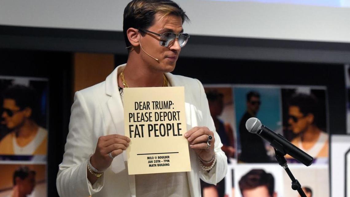 Milo Yiannopoulos holds a sign as he speaks at the University of Colorado campus in Boulder, Colo., Wednesday, Jan. 25, 2017. Yiannopoulos will be speaking at Cal Poly on Jan. 31.