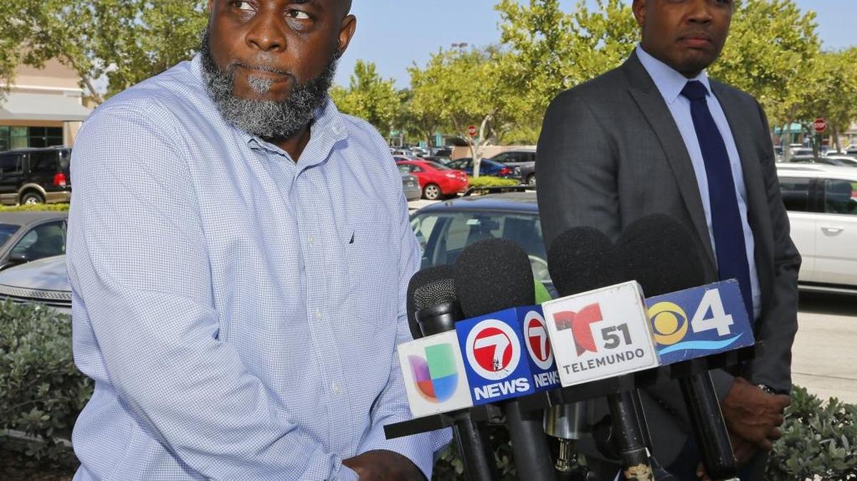 Health care professional Charles Kinsey, shot by a North Miami police officer on July 18 while trying to protect an autistic patient, made his first public appearance July 28 in Aventura, Fla.