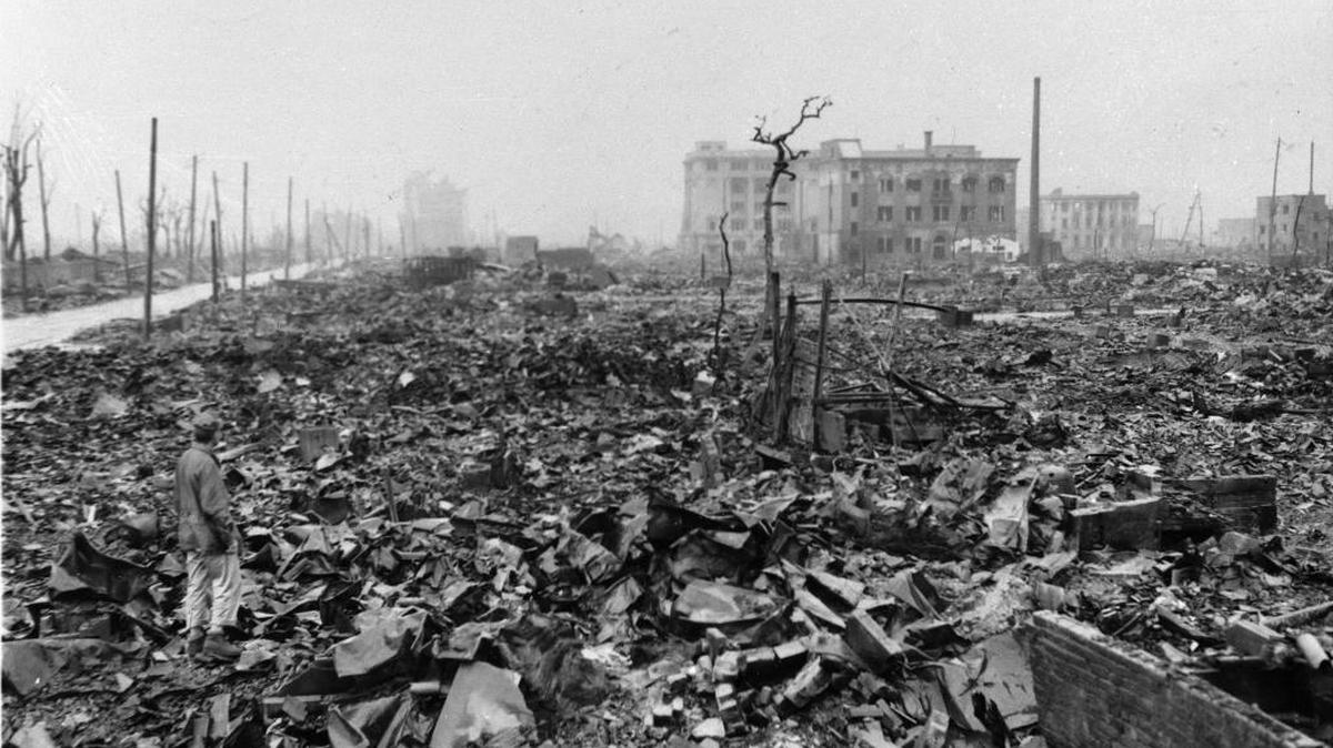 In this 1945 file photo, twisted metal and rubble marks what once was Hiroshima, Japan’s most industrialized city, seen some time after the atom bomb was dropped here.