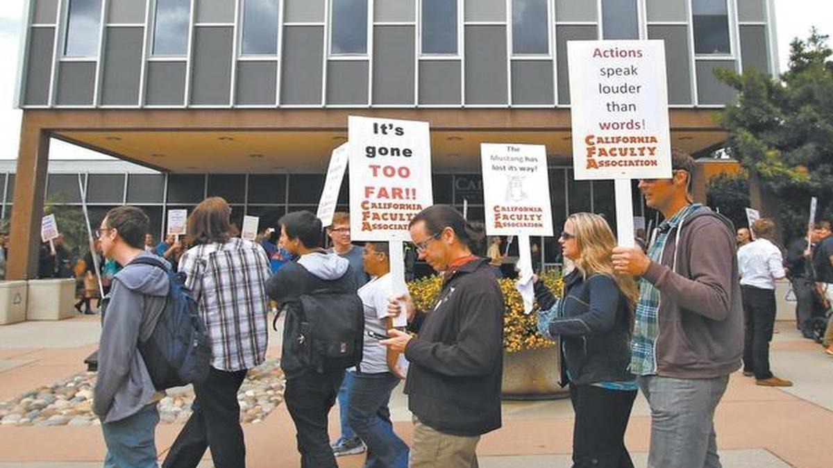 About 200 faculty and students protested in May for better faculty pay, outside the administration building at Cal Poly.