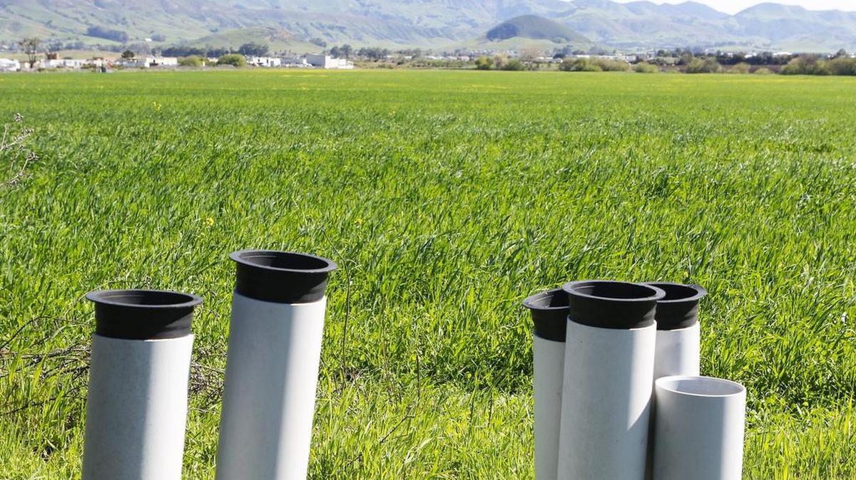 The Avila Ranch development proposes up to 720 homes on a 150-acre site north of Buckley Road in San Luis Obispo. The city’s planning commission is holding preliminary reviews. Pipes hold utility lines that end at the current end of Venture Drive, looking east.