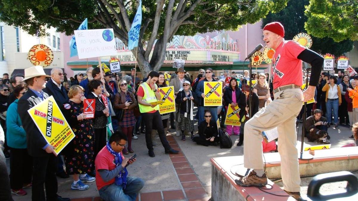 An oil train protest was held at the County Government Center over a proposal to expand production at the Phillips 66 refinery on the Nipomo Mesa. Feb. 4, 2016.