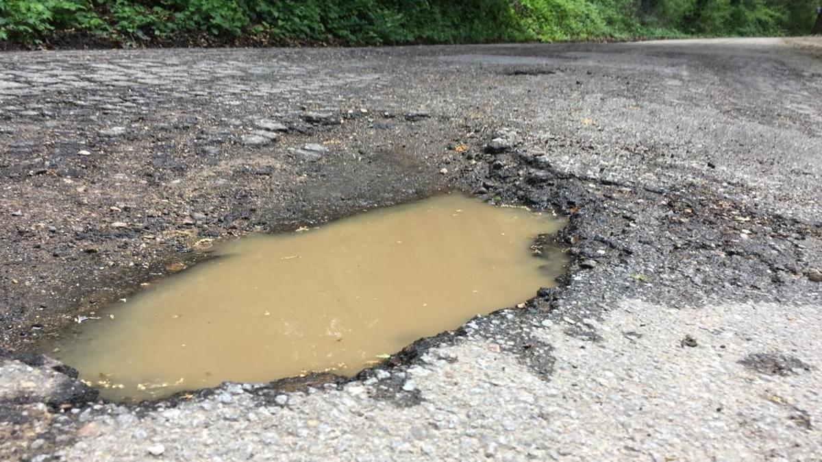 Pothole, seen on York Mountain Road east of Templeton in April 2017.