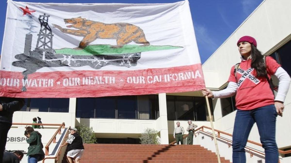 A protest was held at the County Government Center on Feb. 4 over a proposal to expand production at the Phillips 66 refinery on the Nipomo Mesa.