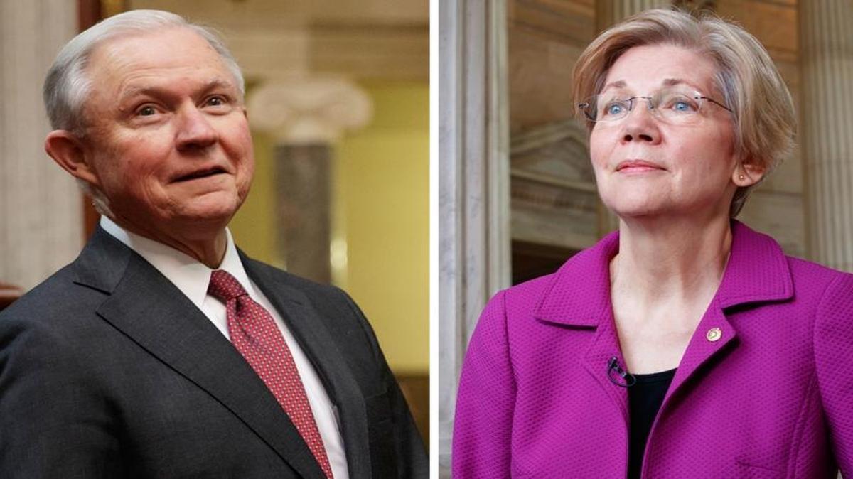 Attorney General Jeff Sessions attends a ceremony on Capitol Hill in Washington on Thursday, Feb. 9, 2017. Right, Sen. Elizabeth Warren of Massachusetts reacts to being rebuked by the Senate leadership and accused of impugning a fellow senator on Wednesday, Feb. 8, 2017.