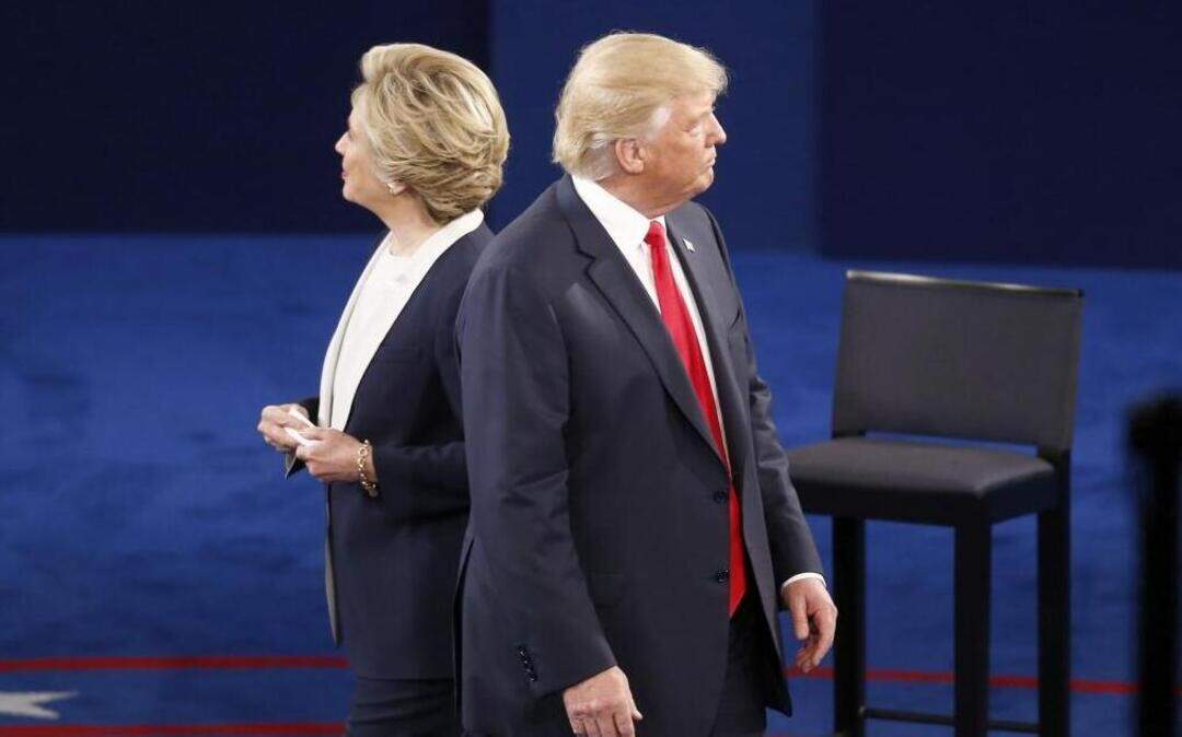 Hillary Clinton and Donald Trump on stage during the second presidential debate at Washington University in St. Louis.