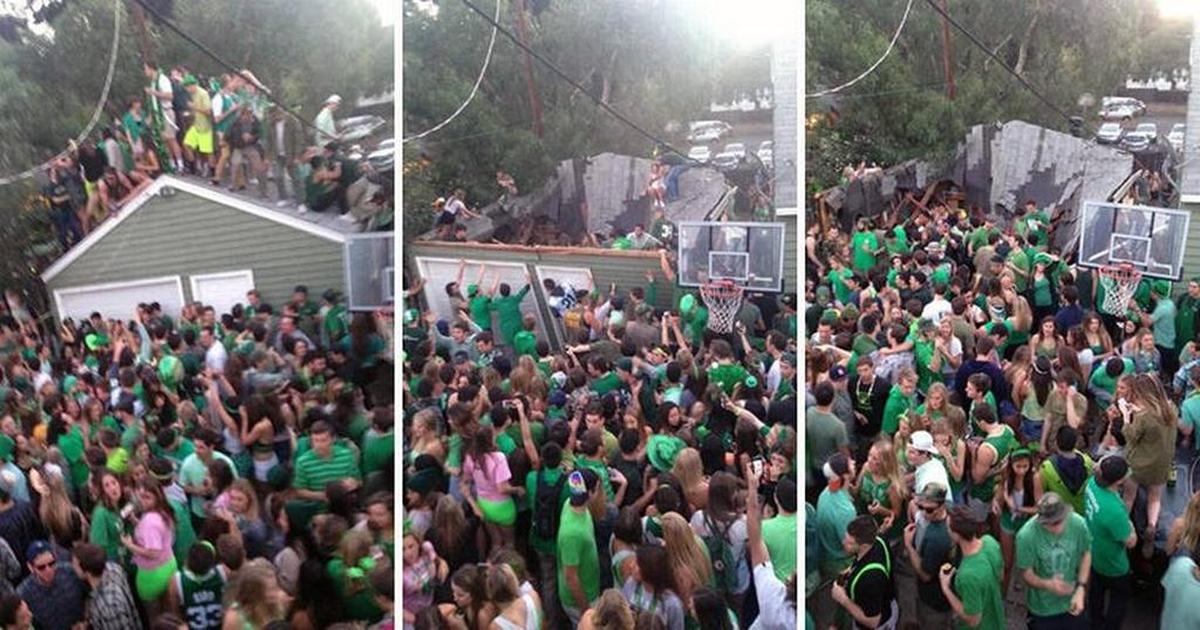 These photos show the scene before and after a roof collapsed Saturday, March 7, 2016, on Hathway Street near Cal Poly in San Luis Obispo. SLO officials are warning the public of higher fines if caught having an unruly gathering amid the shelter at home order for coronavirus precaution.