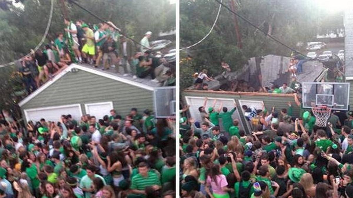 These photos show the scene before and after a roof collapsed during a St. Fratty’s Day party in 2015..