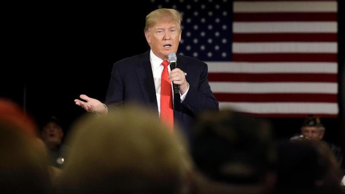 Republican presidential candidate Donald Trump speaks at a campaign stop March 30 in Appleton, Wis.