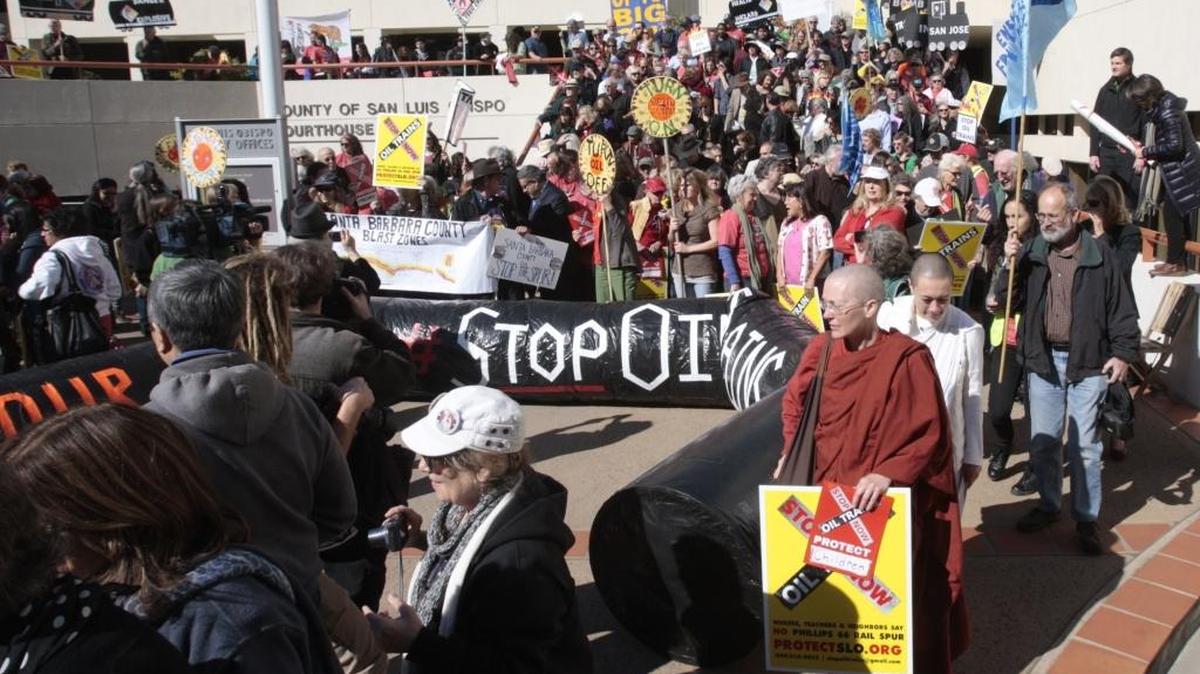 A proposal to expand production at the Phillips 66 refinery on the Nipomo Mesa has drawn the ire of some San Luis Obispo County residents. A protest was held at the County Government Center on Feb. 4, 2016.