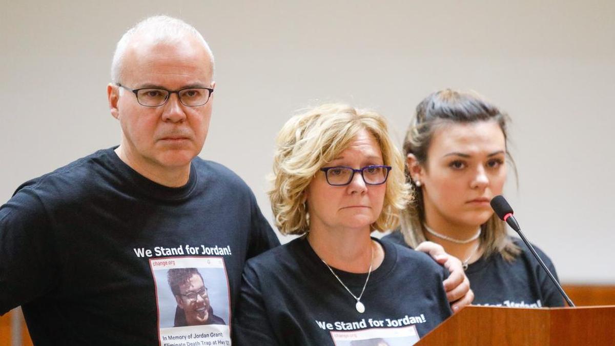 James and Becky Grant, parents of Jordan Grant, and Nicole, Jordan’s younger sister, prepare to speak to a San Luis Obispo Council of Governments meeting in December 2018.