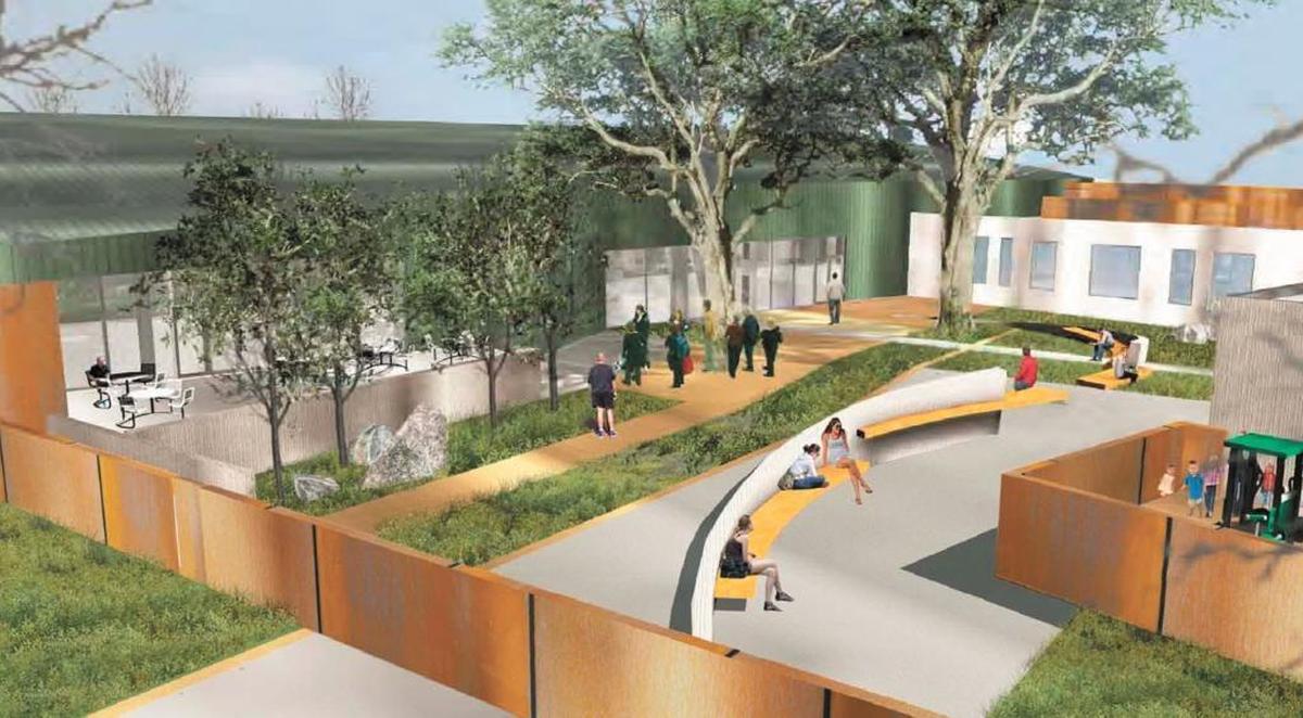 The 40 Prado homeless services center, shown here in an architectural rendering, will hold a grand opening in early October.