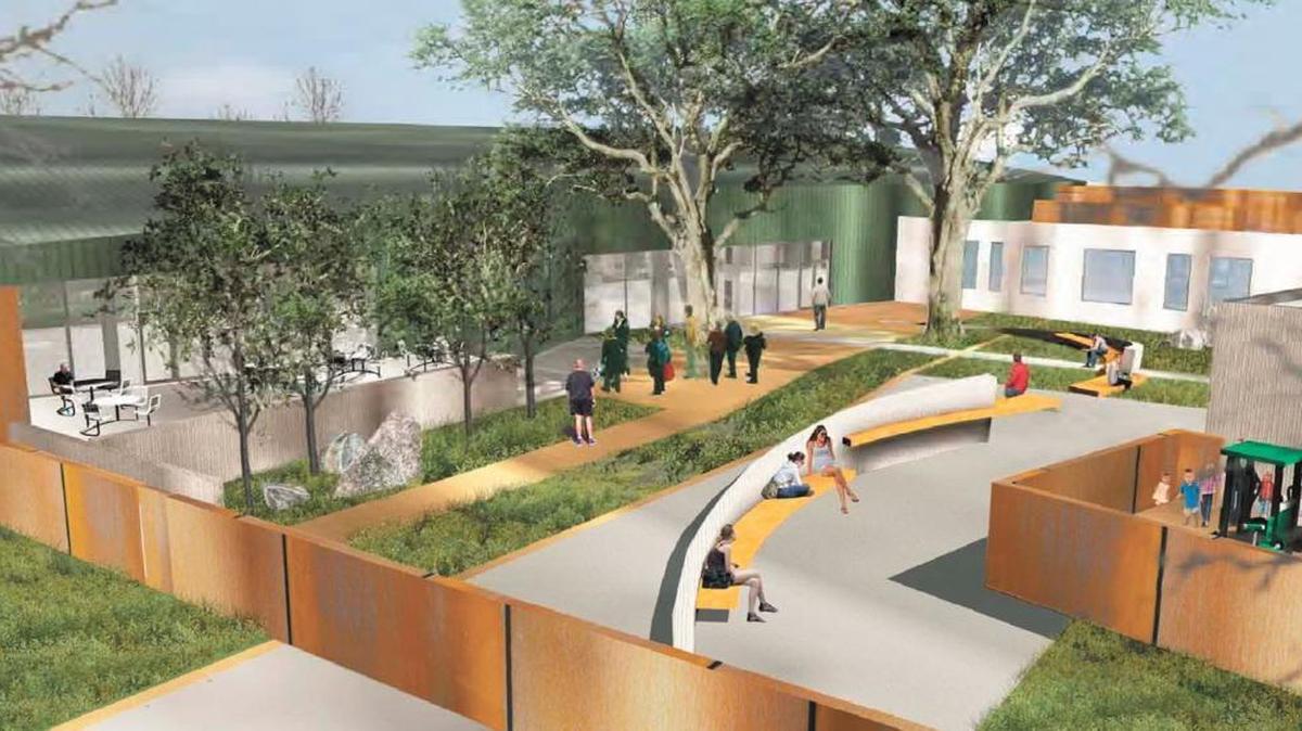 The 40 Prado homeless services center, shown here in an architectural rendering, will hold a grand opening in early October.