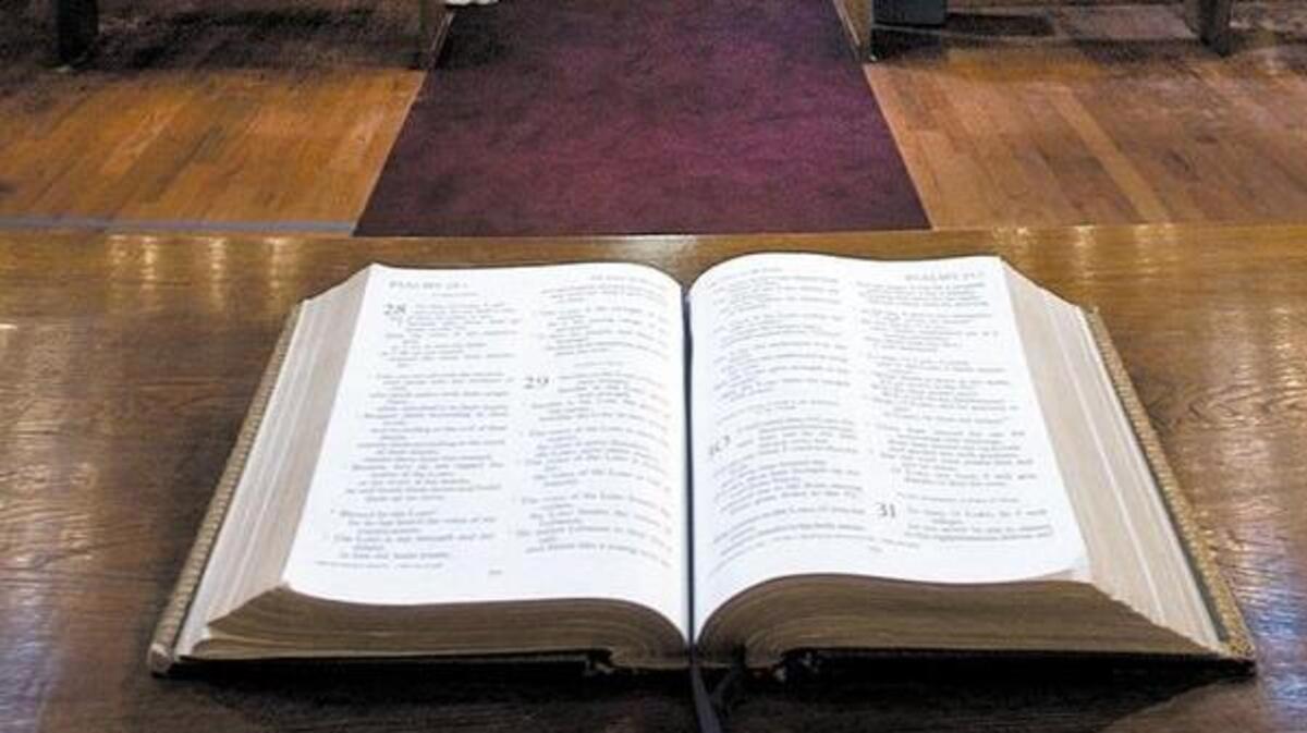 A Holy Bible rests on the altar of The First Presbyterian Church in San Luis Obispo. The church in hosting an interfaith celebration on Nov. 19.