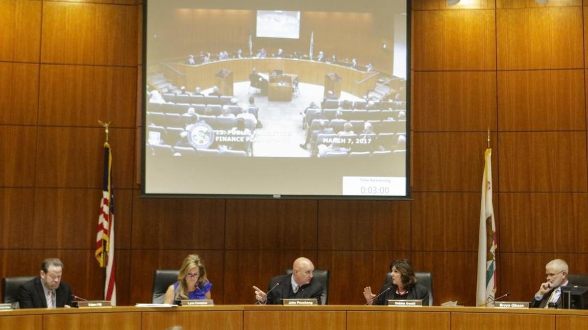 Sharp divisions have arisen between the conservative majority and liberal minority on the San Luis Obispo County Board of Supervisors. From left, Adam Hill, Lynn Compton, John Peschong, Debbie Arnold and Bruce Gibson.