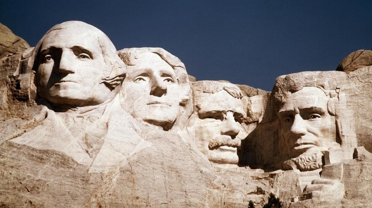 On Mount Rushmore in South Dakota are carved, from left, George Washington, Thomas Jefferson, Teddy Roosevelt and Abraham Lincoln.