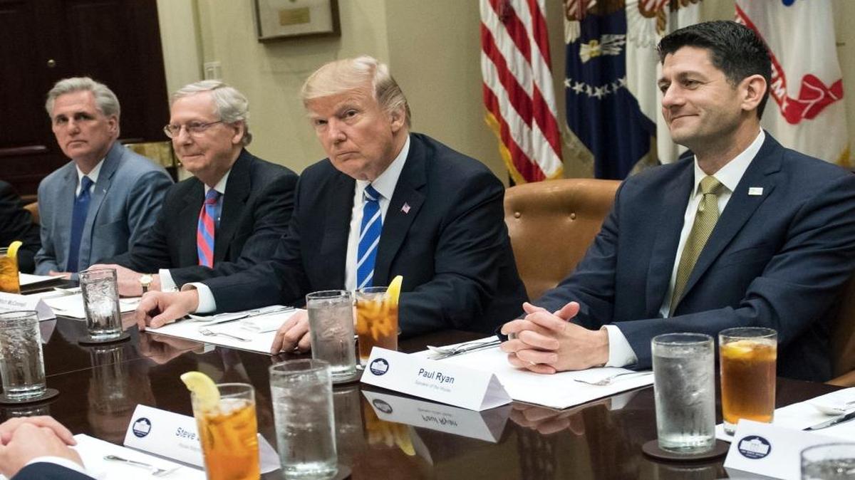 President Donald Trump meets with Republican leaders. With him are House Speaker Paul Ryan, right, House Majority Leader Kevin McCarthy of California, left, and Senate Majority Leader Mitch McConnell.