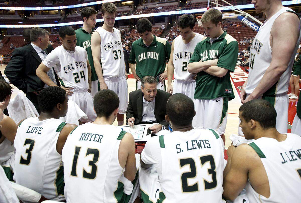 Cal Poly head coach Joe Callero directs his players during a timeout late in the game against UC Riverside during the mens quarterfinals of the Big West Tournament in Anaheim. Photo by Joe Johnston 03-10-11