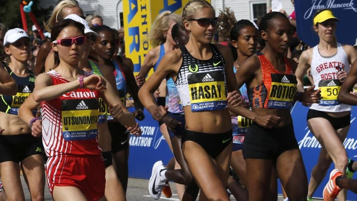 Women leave the starting line of the Boston Marathon from Hopkinton, Mass., Monday, April. 17, 2017. Mission Prep graduate Jordan Hasay, center, making her first run at the 26.2-mile distance, finished in third place and Desi Linden finished in fourth, the first time since 1991 that two U.S. women have finished in the top four.