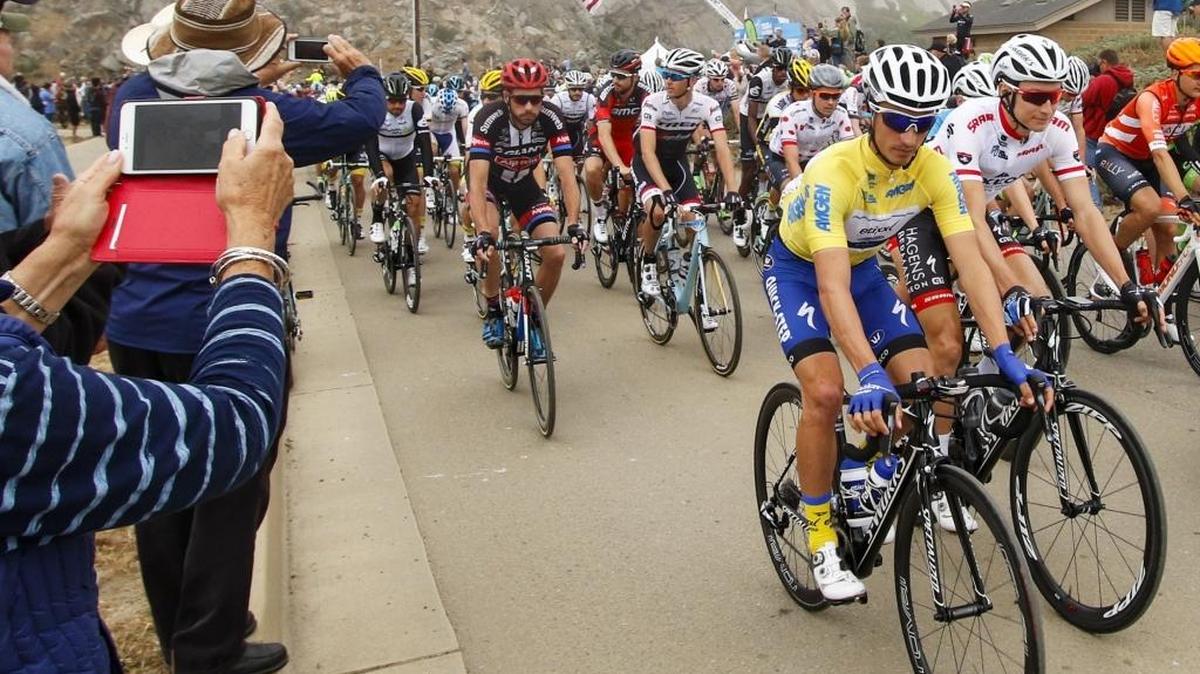 Julian Alaphilippe wears the leader’s yellow jersey at the Amgen Tour of California’s Stage 4 start in Morro Bay.