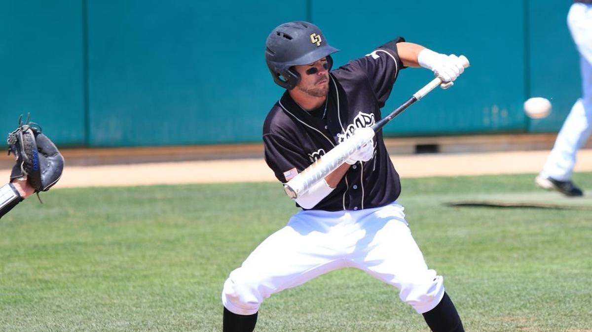 Cal Poly’s Brett Binning attempts a bunt in the sixth inning during the Mustangs’ 4-3 win against No. 11 UC Santa Barbara on Sunday afternoon at Baggett Stadium.
