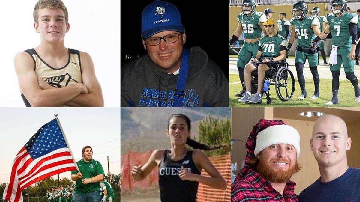 Some of The Tribune’s top sports stories of 2016 include, from left to right, San Luis Obispo High School runner Callum Bolger; former Morro Bay assistant football coach Jim Atchison, who died unexpectedly in October; the Cal Poly football team hosting an FCS playoff game for the first time in eight years; former Templeton football player Isaac Lindsey returning to the sidelines after a serious head injury in 2015; Miranda Daschian making history with the Cuesta College cross country team; and Dodgers star Justin Turner visiting Arroyo Grande graduate Ryan Teixeira at the hospital.