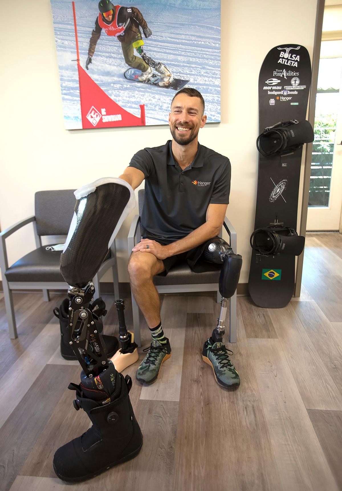 Snowboarder Andre Barbieri of Santa Barbara will compete for his native Brazil in March in the 2022 Beijing Paralympic Games. After losing his leg following a crash at Mammoth in 2011, he learned to use a prosthetic limb and returned to the slopes. Here, he shows off the high-tech prosthetic at the Hanger Clinic in San Luis Obispo.