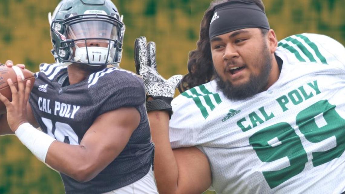Junior quarterback Khaleel Jenkins (left) and nose tackle Augustino Elisaia will play big roles for Cal Poly football this fall.