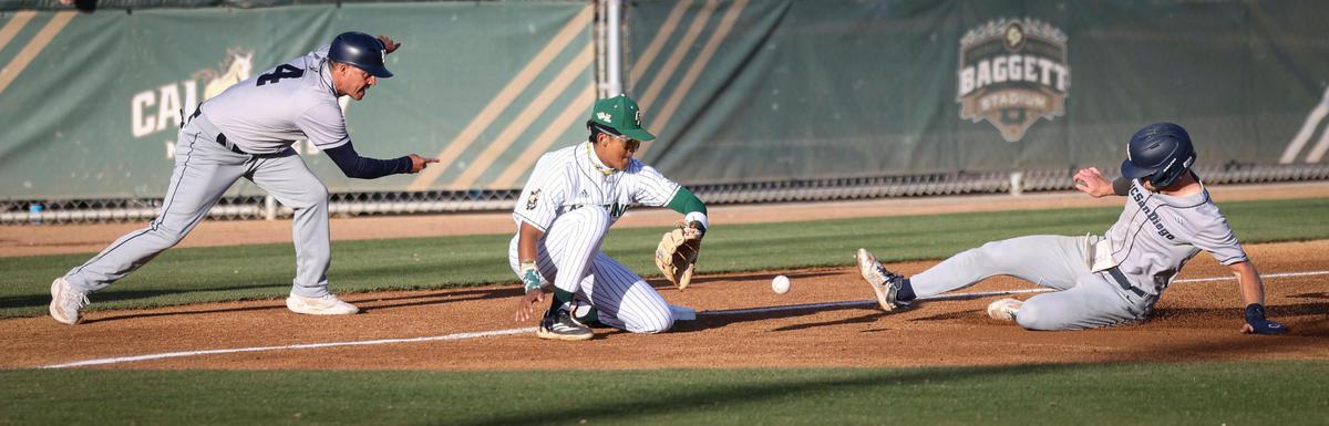 Alejandro Garza fields throw at third base while Noah Lazuka eludes tag. Cal Poly hosted UC San Diego seen here on April 4, 2025.