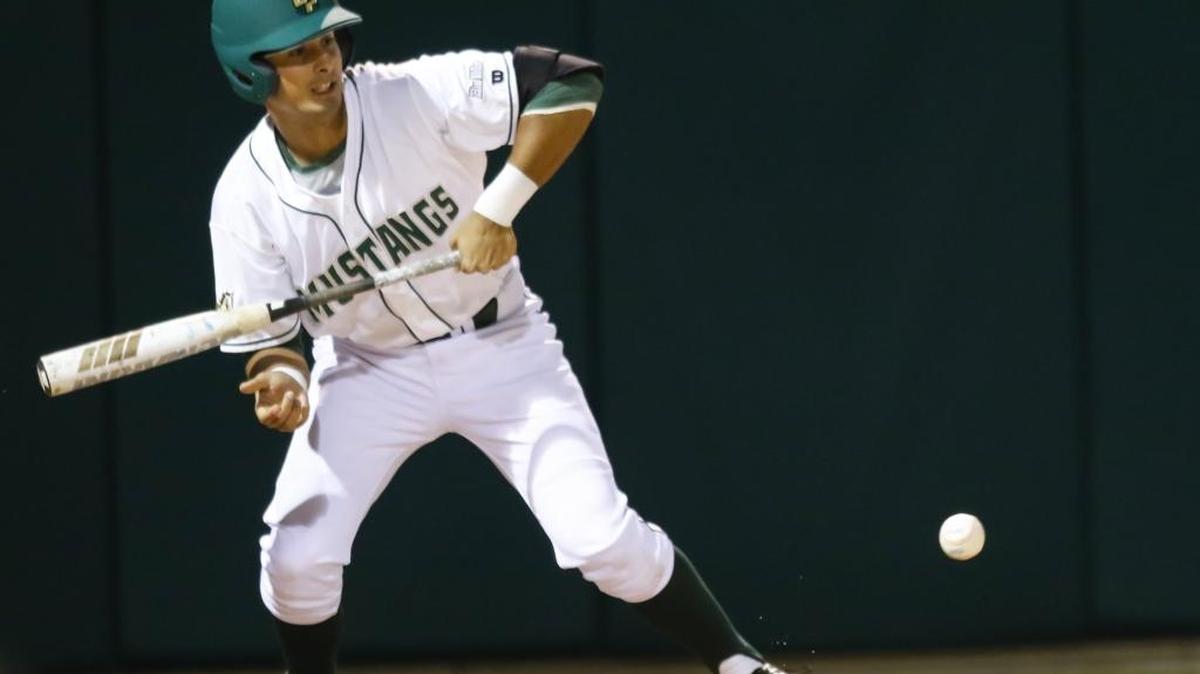 Michael Sanderson gets down a sacrifice bunt for Cal Poly. The Mustangs defeated Pacific, 6-2, Friday night at Baggett Stadium.
