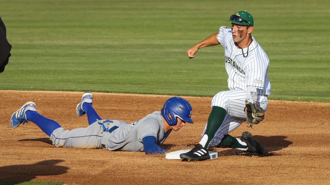 Bryce Willits is safe on a pickoff at second as Brooks Lee fields the throw in a game April 29, 2022 against UCSB. Lee is among the top projected draft picks in this year’s MLB selection.