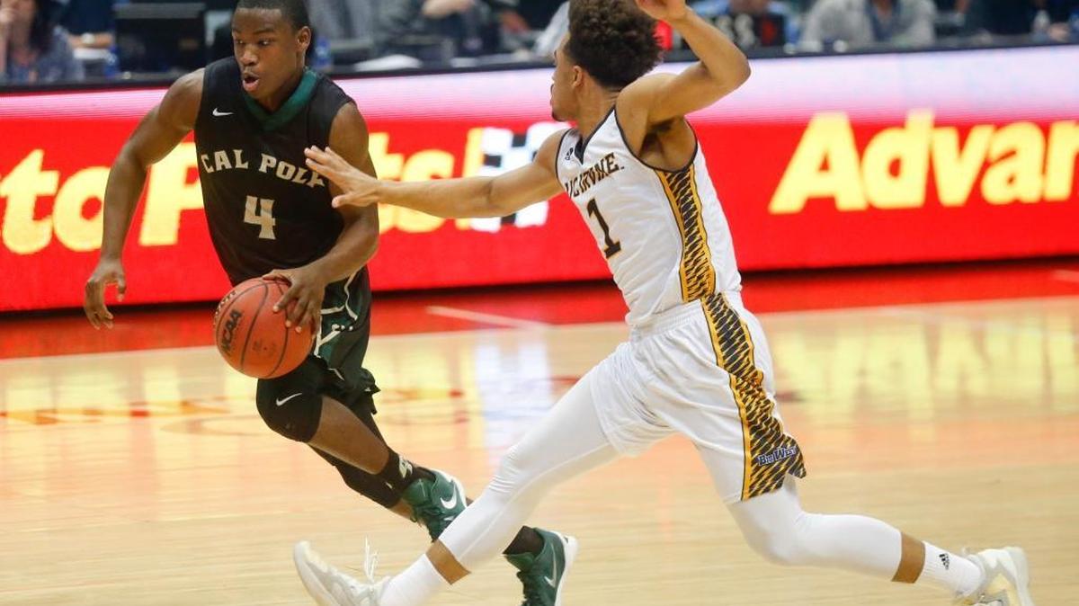 Cal Poly guard Jaylen Shead beats UC Irvine guard Alex Young while driving down the lane during the first half of an NCAA college basketball game at the Big West conference tournament Thursday March 10, 2016, in Anaheim, Calif.