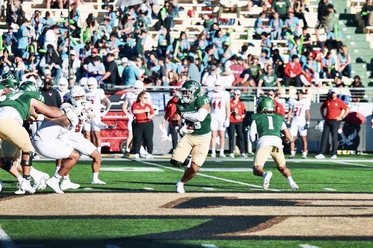 Cal Poly running back Misa Paiau carries the ball in a 43-34 win over Eastern Washington on Nov. 22, 2025.