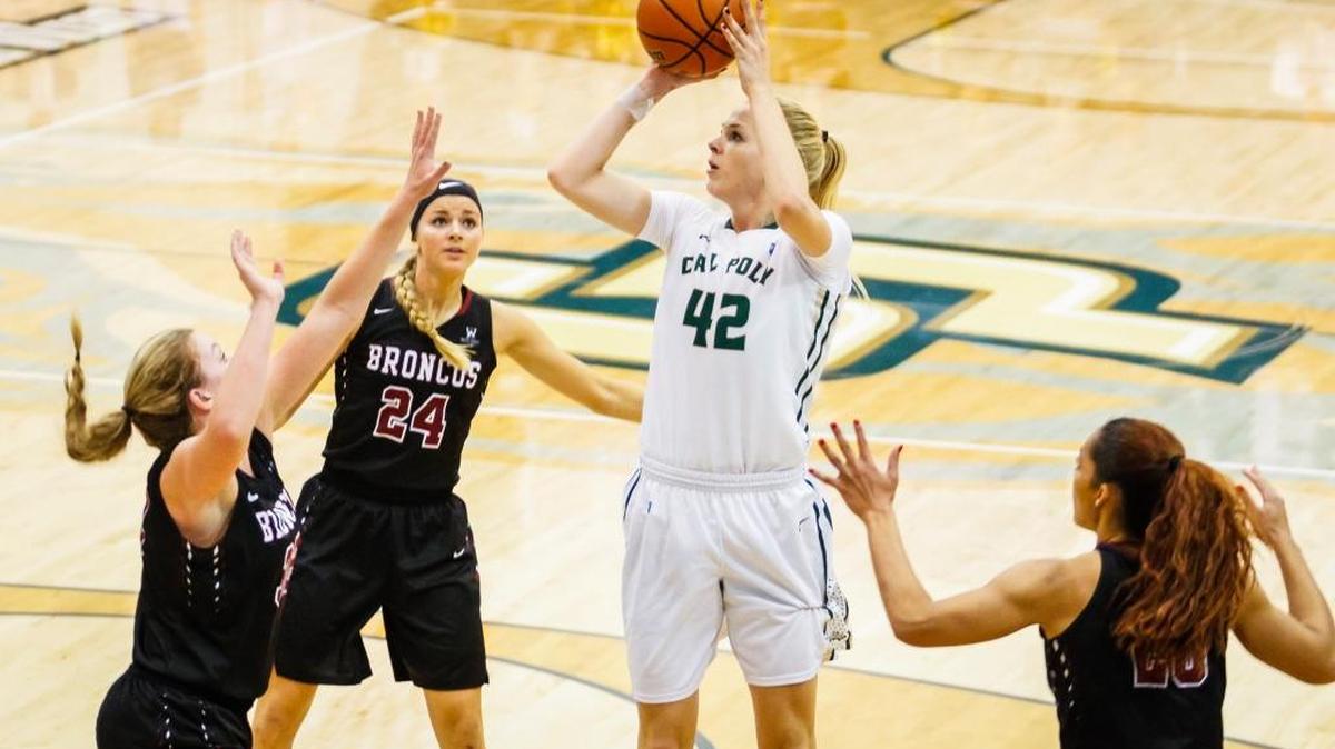 Cal Poly’s Hannah Gilbert earned second-team all-Big West Conference honors Monday morning. She led the Mustangs in both scoring and rebounding.
