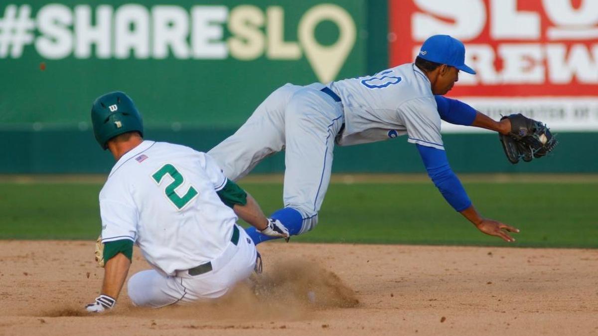 Cal Poly’s John Schuknecht (2) drove in six runs during the Mustangs’ 17-4 win against UC Irvine Sunday afternoon at Baggett Stadium.