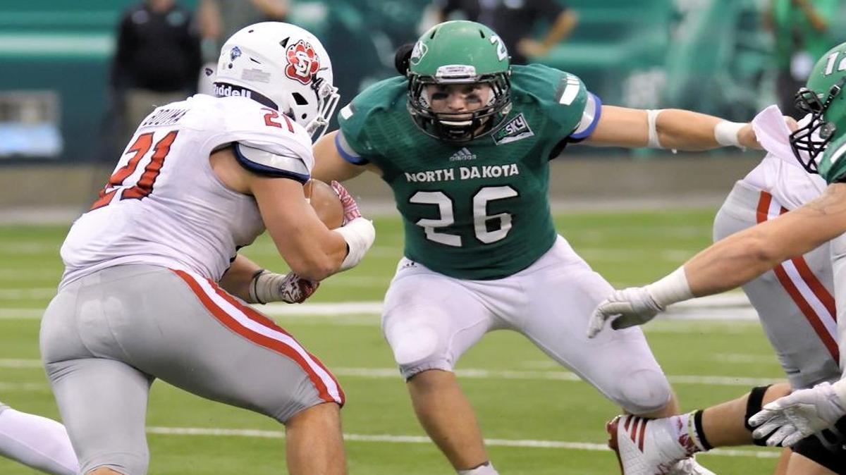 North Dakota junior linebacker Connor O’Brien (26) leads the Fighting Hawks’ experienced defense with 31 tackles and two forced fumbles this season.