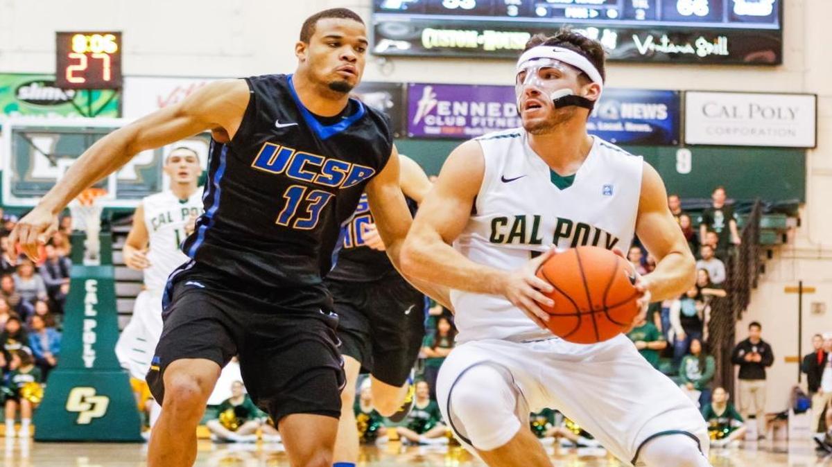 Cal Poly’s Ridge Shipley drives to the basket against UC Santa Barbara last week. The Mustangs travel to Cal State Northridge for a Big West Conference matchup at 7 p.m. Thursday.