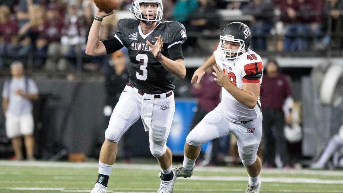 Montana quarterback Brady Gustafson (3) passed for 353 yards against Cal Poly last fall during a 20-19 defeat in Missoula.
