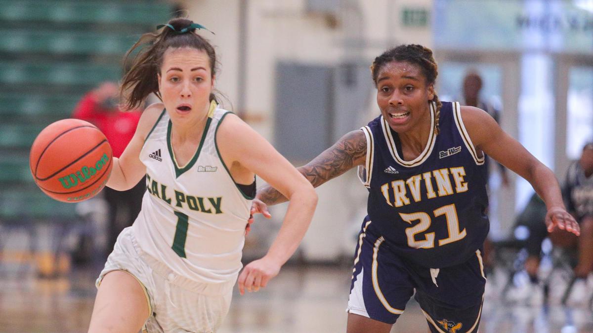 Abby Ellis drives around Haleigh Talbert as Cal Poly women’s basketball team played UC Irvine.