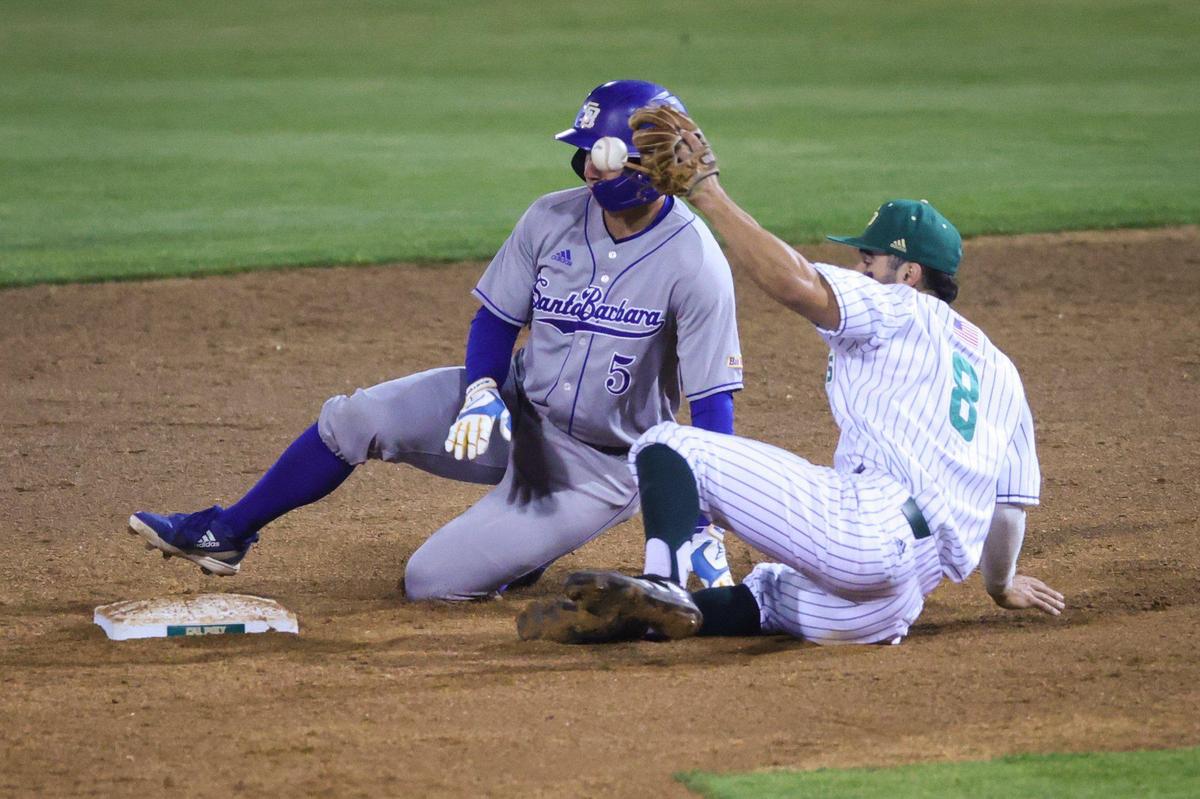 A throw in the dirt does not stay in the glove of Nick Marinconz as Christian Kirtley takes second. Cal Poly lost to UCsB 7-10 in an 11 inning game April 29, 2022.