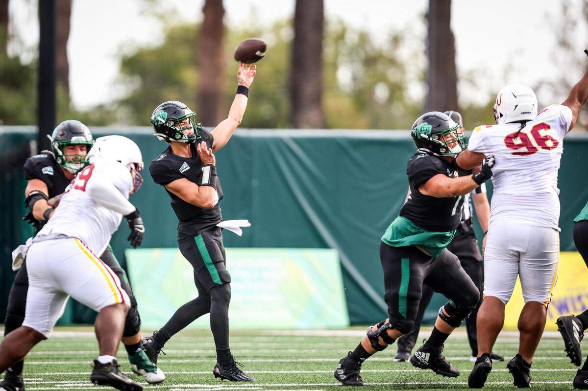 Cal Poly Mustangs quarterback Sam Huard (7) throws a pass. The Cal Poly footballl team beat Lincoln 41-20 at home on Sept. 16, 2023. 