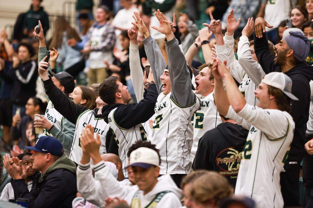 Fans celebrate Cal Poly’s win over UC Irvine on Thursday, March 3, 2022.