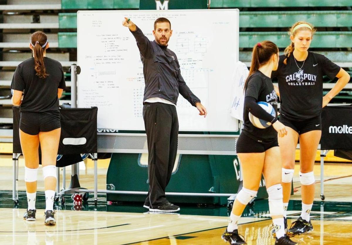 Cal Poly volleyball coach Sam Crosson gives directions during a practice at Mott Athletics Center earlier this season. The Mustangs host CSUN at 7 p.m. Friday.