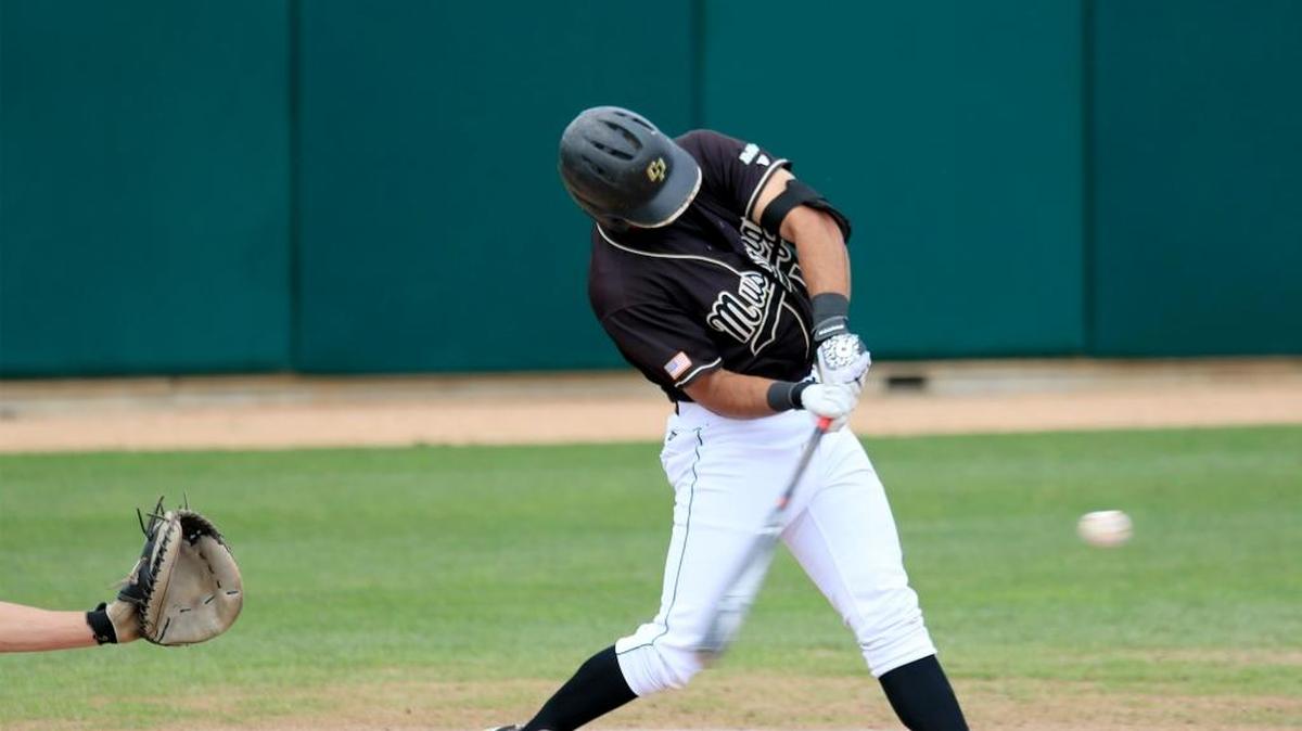 Cal Poly first baseman Michael Sanderson, shown here against Wichita State earlier this season, had three hits to pace the Mustangs’ 9-6 win Saturday over UC Davis.