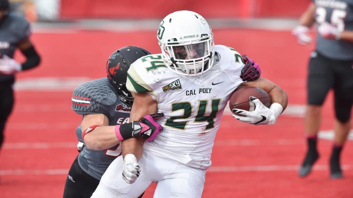 Cal Poly’s Kori Garcia (24) rushed for a season-high 146 yards last week, moving him into sixth place on the Mustangs’ all-time rushing list. Cal Poly hosts Eastern Washington at 6:05 p.m. Saturday at Alex G. Spanos Stadium.