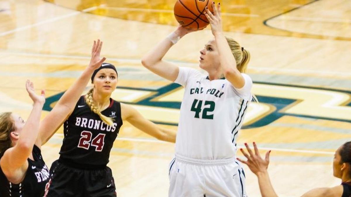 Cal Poly senior forward Hannah Gilbert, a former standout at Morro Bay High, is averaging more than 16 points and seven rebounds for the Mustangs this winter.