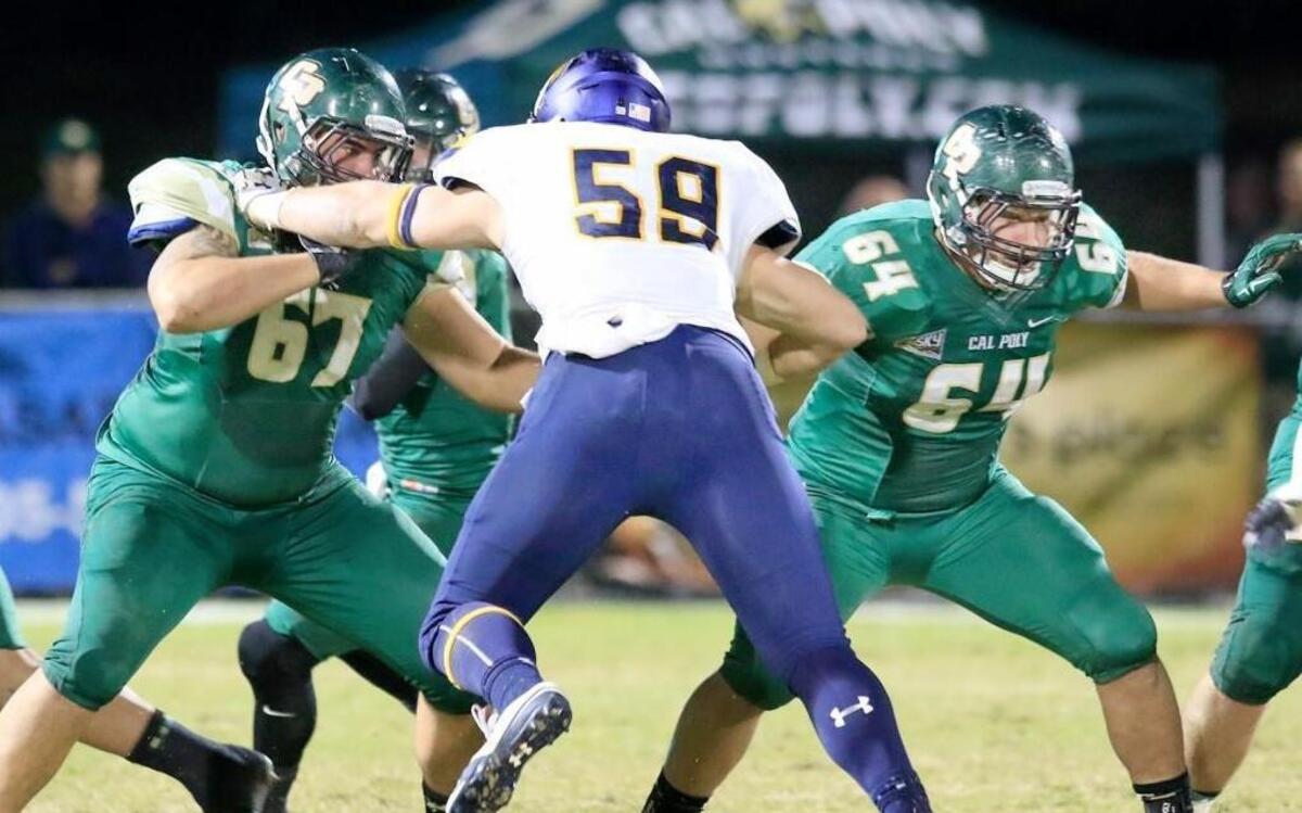 Cal Poly offensive linemen Nick Enriquez (67) and Billy Shipman (64) provide protection against Northern Colorado last week. The Mustangs host San Diego in the first round of the FCS playoff at 4:05 p.m. Saturday.
